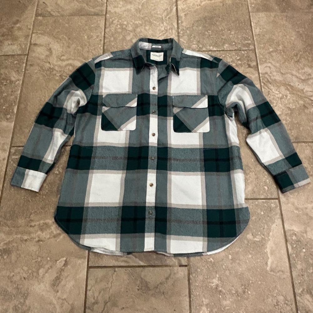 Abercrombie & Fitch Oversized Plaid Flannel Shirt Teal Green White Large L